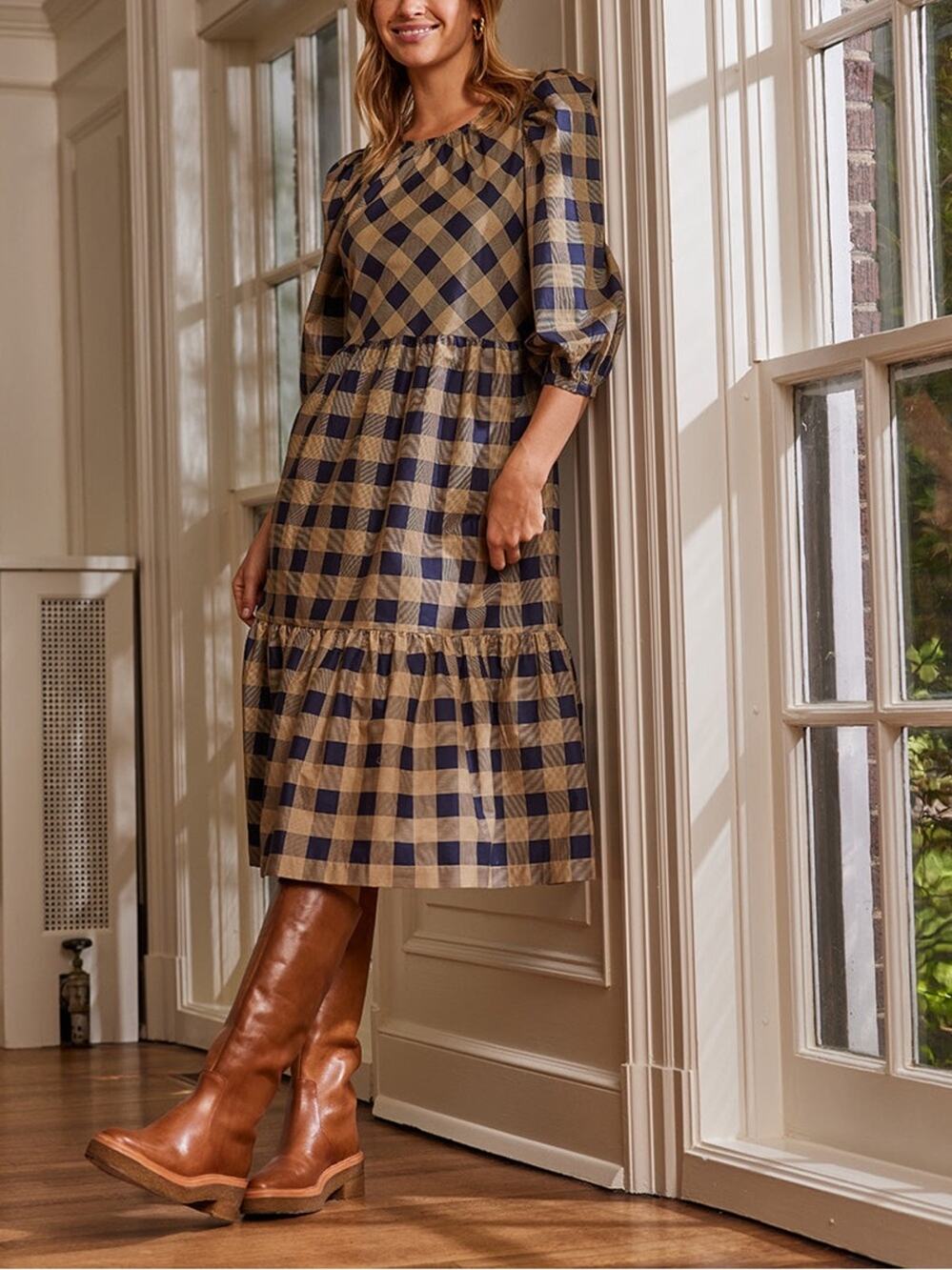 Summersalt Women’s The Tiered Plaid Puff Sleeve Midi Dress Buffalo Check Size S